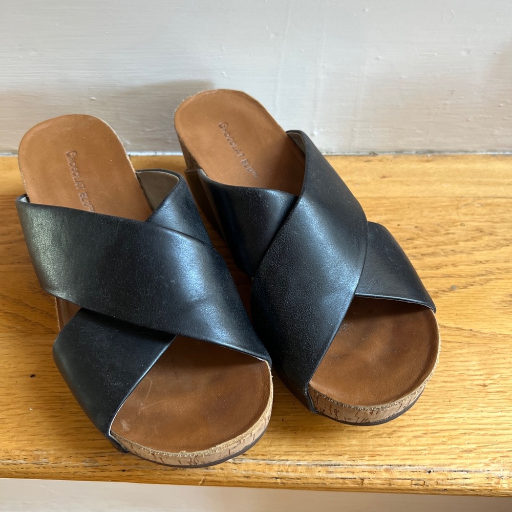 Chocolate Blu Black leather and cork wedges